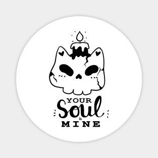 cute skull cat with candle black and white doodle Halloween your soul is mine Magnet